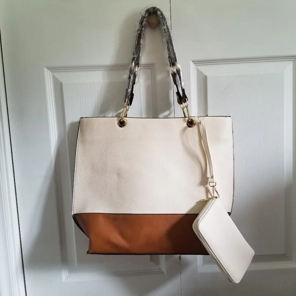 MKF Collection Purse Tote & Clutch Cream Tan Gold Vegan Leather Hobo Bag